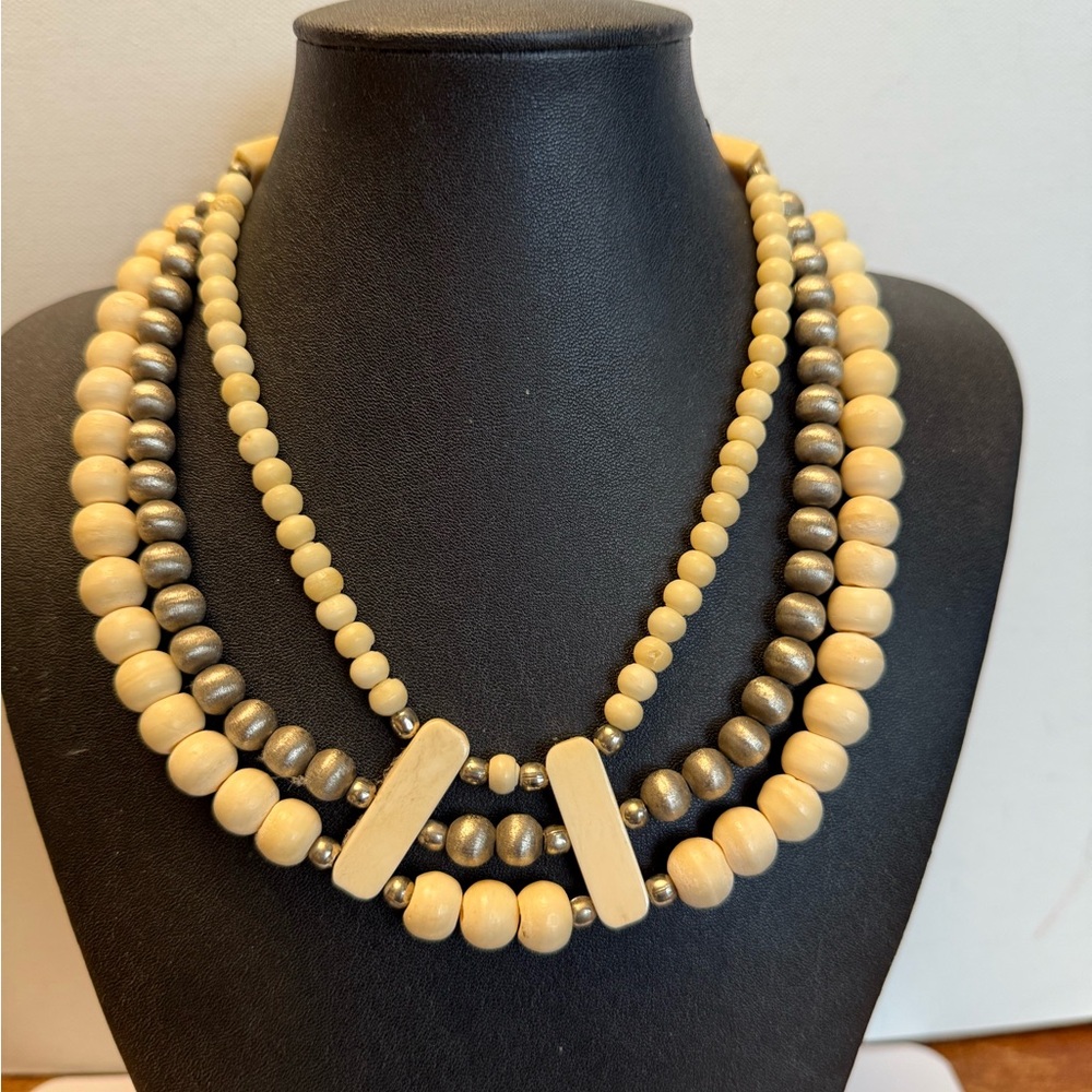 Vintage Cream and Silver Beaded 3 Strand Necklace